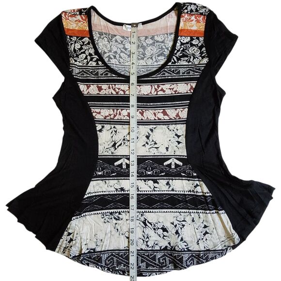 PERSAYA Black White Orange Brown Mixed Print Short Sleeve Top L - Picture 10 of 11